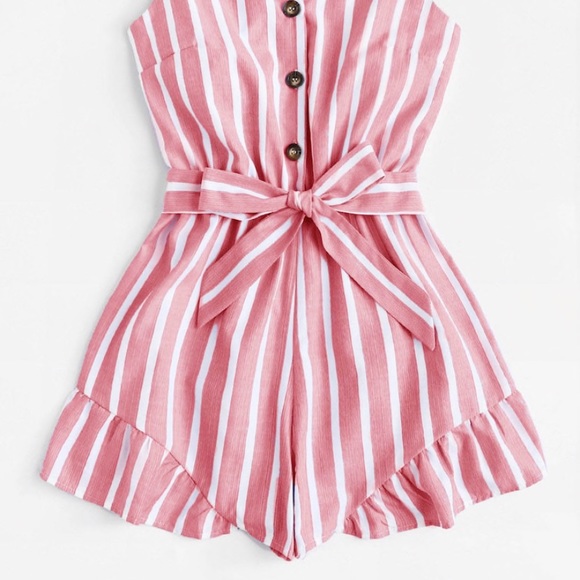 Pink Striped Romper With Button & Bow Detail - Picture 5 of 8